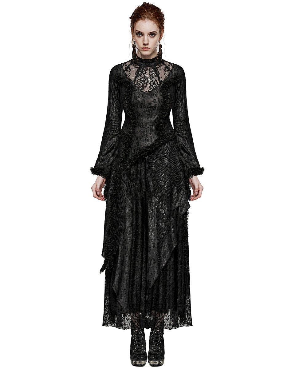 PR-WQ-643LQF-BKF Womens Dark Apocalyptic Shredded Mesh & Lace Splicing Maxi Dress