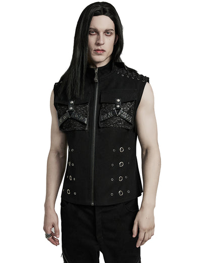 WY-1610MJM-BKM Mens Apocalyptic Gothic Mesh Utility Pocket Waistcoat Vest - Black