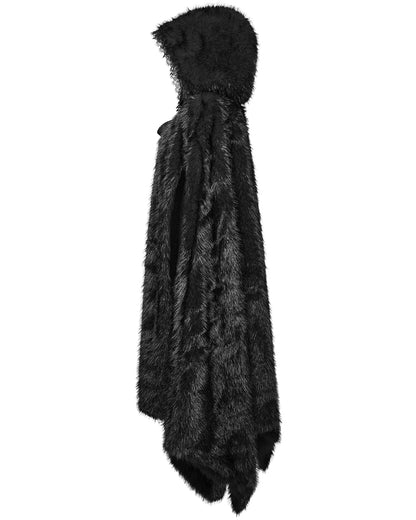 WY-1663DPF Womens Long Gothic Faux Fur Asymmetric Hooded Winter Cloak - Black