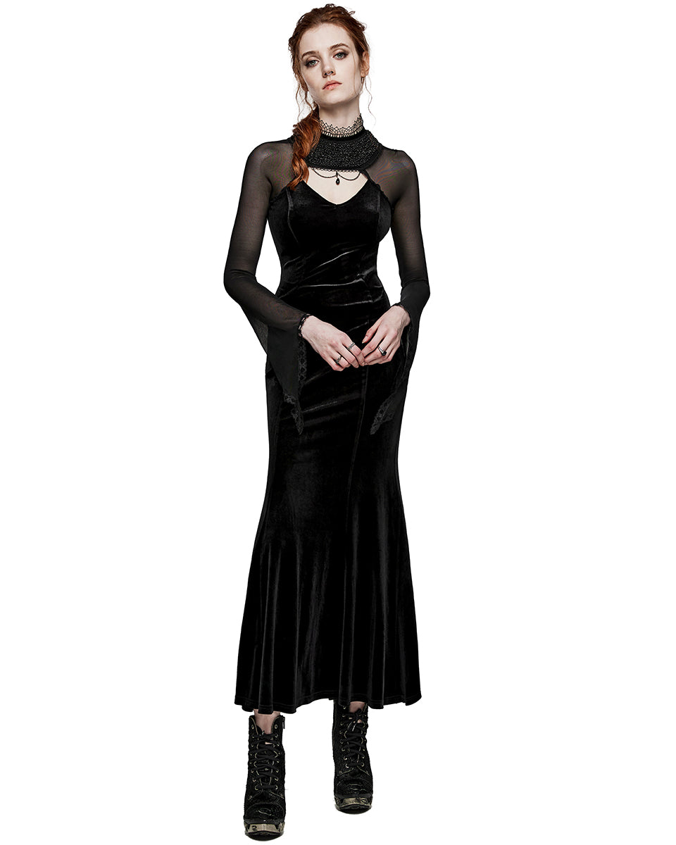 PR-WQ-666LQF-BKF Womens Regency Gothic Velvet & Mesh Beaded Evening Dress