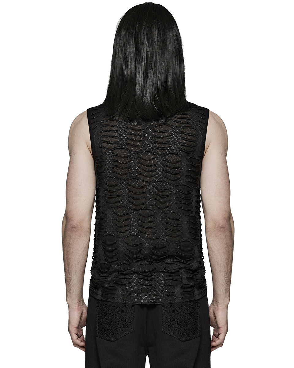 PR-T777-BKM Mens Apocalyptic Gothic Shredded Mesh Tank Top Vest