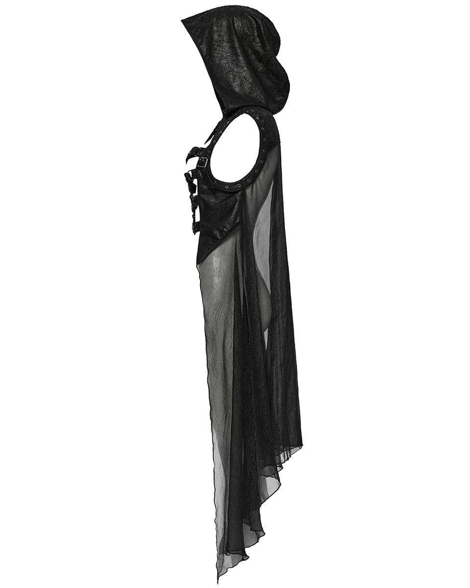 WY-1711MJF-BKF Womens Gothic Cyberpunk Hooded Harness Chiffon Cloak Cape