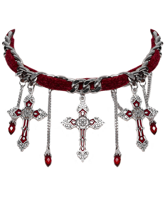 WS-659LHF-RDSIF Womens Gothic Crucifix Choker Necklace - Red