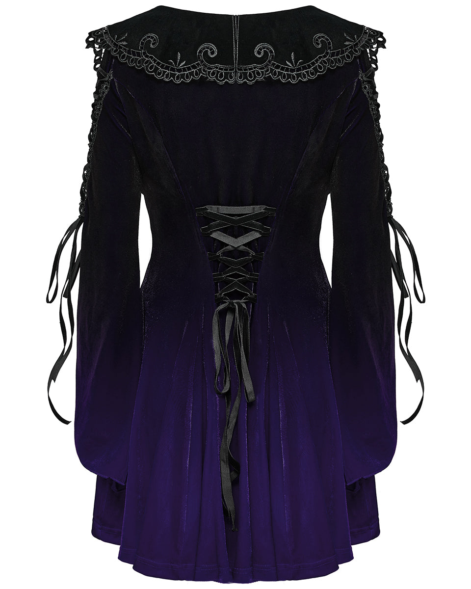 WQ-770LQF Womens Gothic Velvet Mini Dress With Oversize Embellished Collar - Purple & Black Gradient