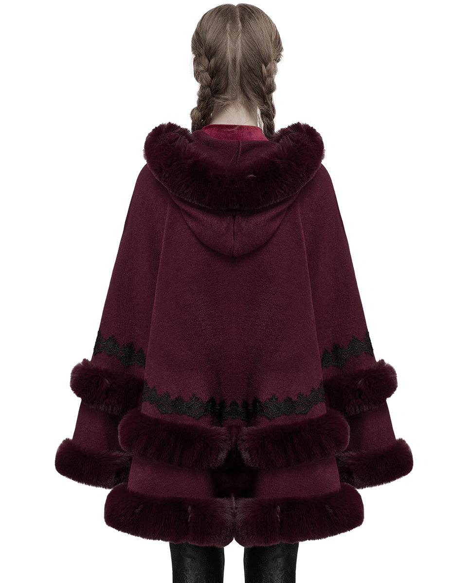 OM-092HMF Daily Life Womens Plush & Faux Fur Hooded Winter Cloak - Red