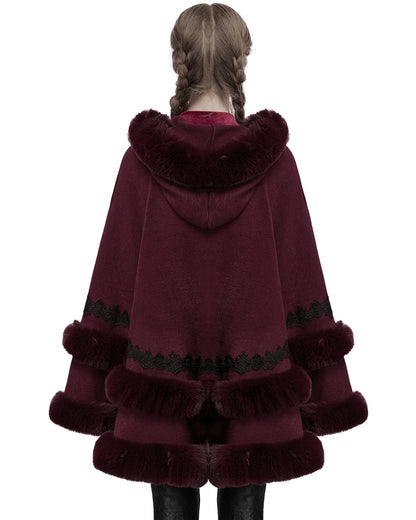 OM-092HMF Daily Life Womens Plush & Faux Fur Hooded Winter Cloak - Red