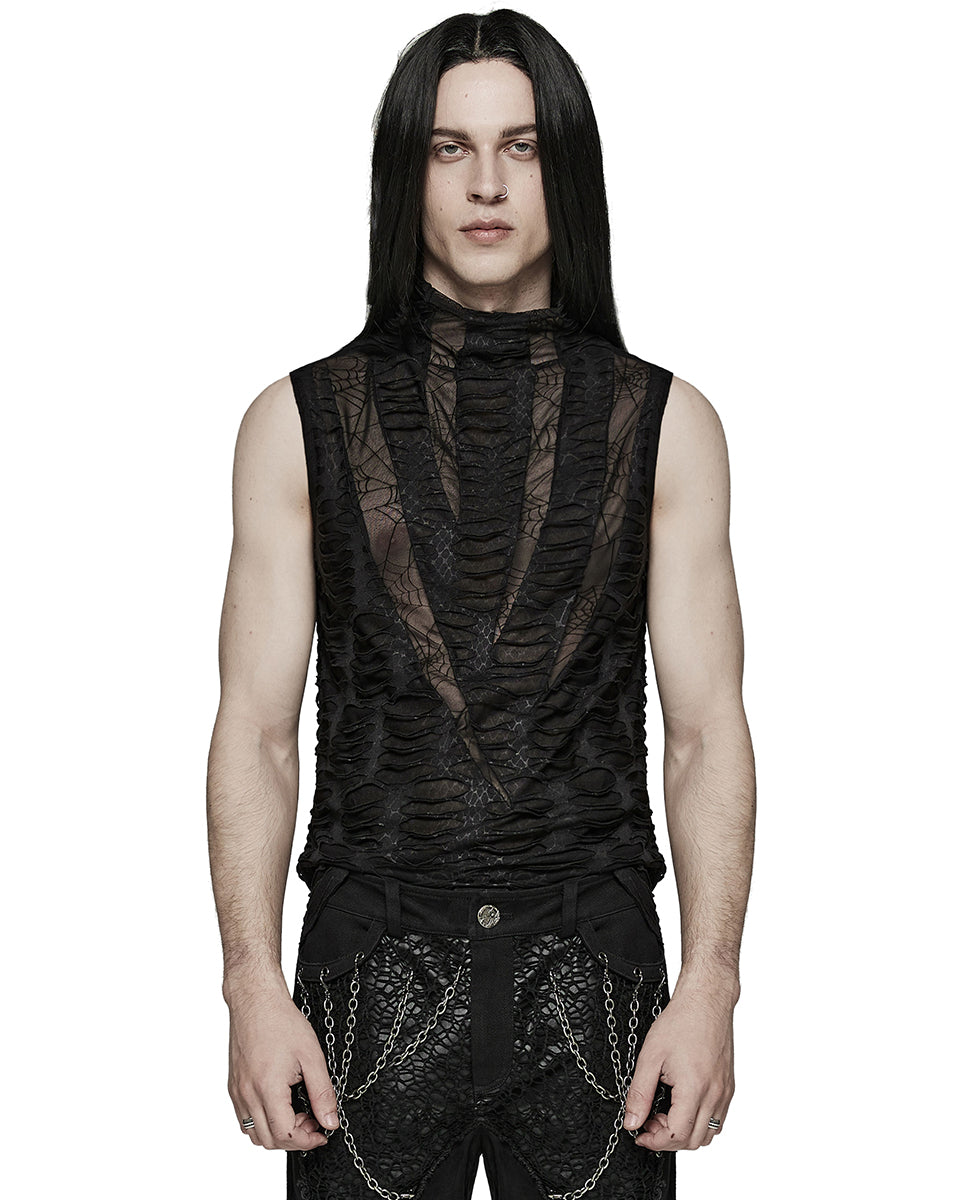 PR-T777-BKM Mens Apocalyptic Gothic Shredded Mesh Tank Top Vest