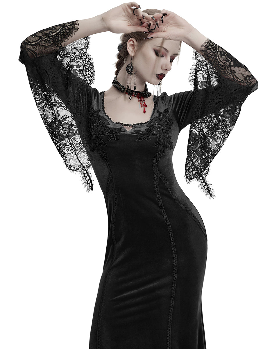 OQ-850LQF Daily Life Womens Long Gothic Velvet Applique Maxi Dress - Black