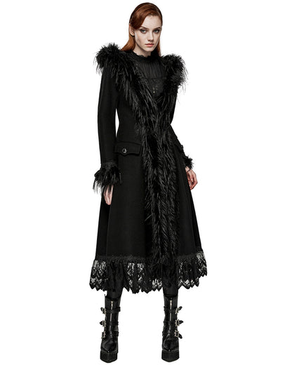 PR-DY-1509ECF-BKF Womens Gothic Winter Fur & Lace Trimmed Hooded Coat - Extended Size Range