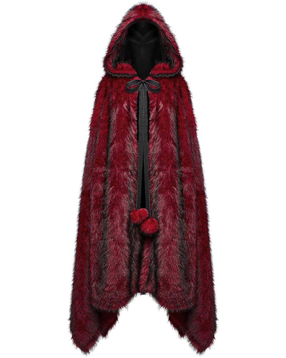 WY-1663DPF Womens Long Gothic Faux Fur Asymmetric Hooded Winter Cloak - Red