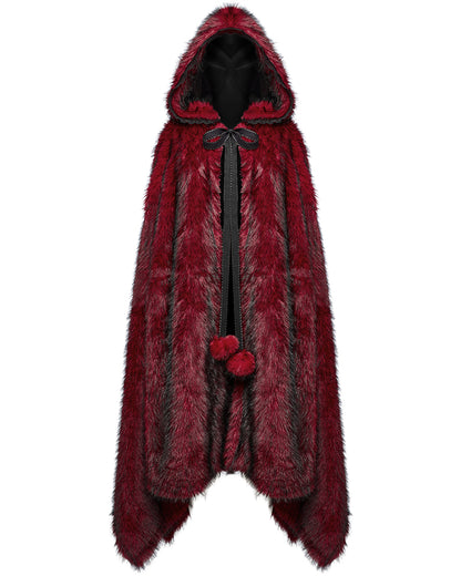 WY-1663DPF Womens Long Gothic Faux Fur Asymmetric Hooded Winter Cloak - Red