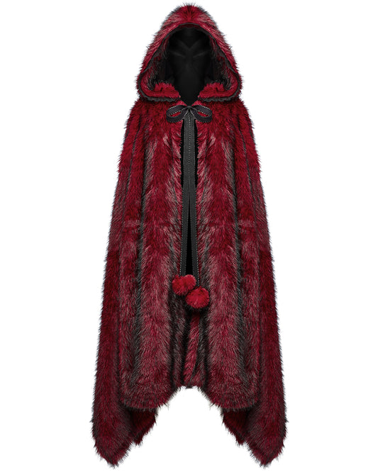 WY-1663DPF Womens Long Gothic Faux Fur Asymmetric Hooded Winter Cloak - Red