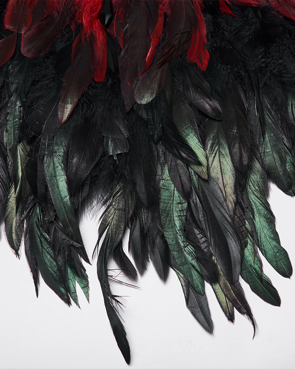 WS-807QTF Womens Gothic Burlesque Feathered Shawl Cape - Black & Red