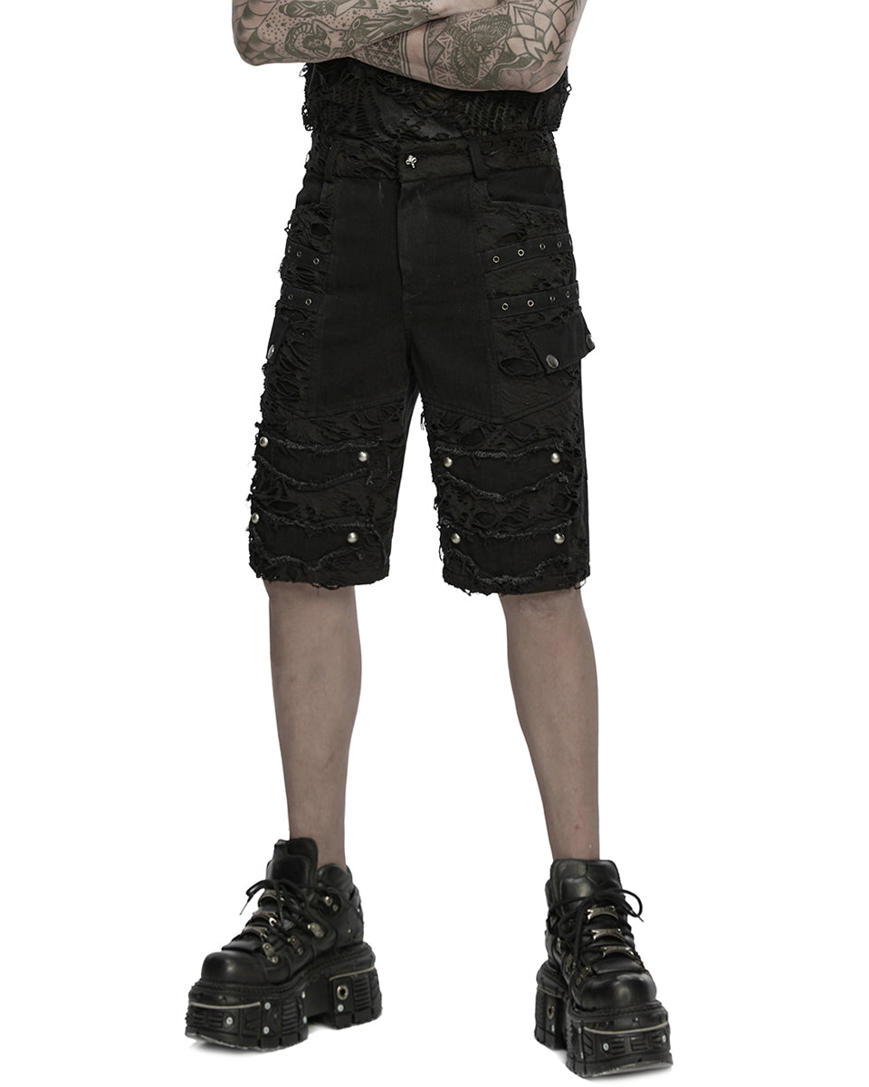 WK-733XDM-BKM Mens Apocalyptic Punk Studded & Shredded Cutoff Shorts