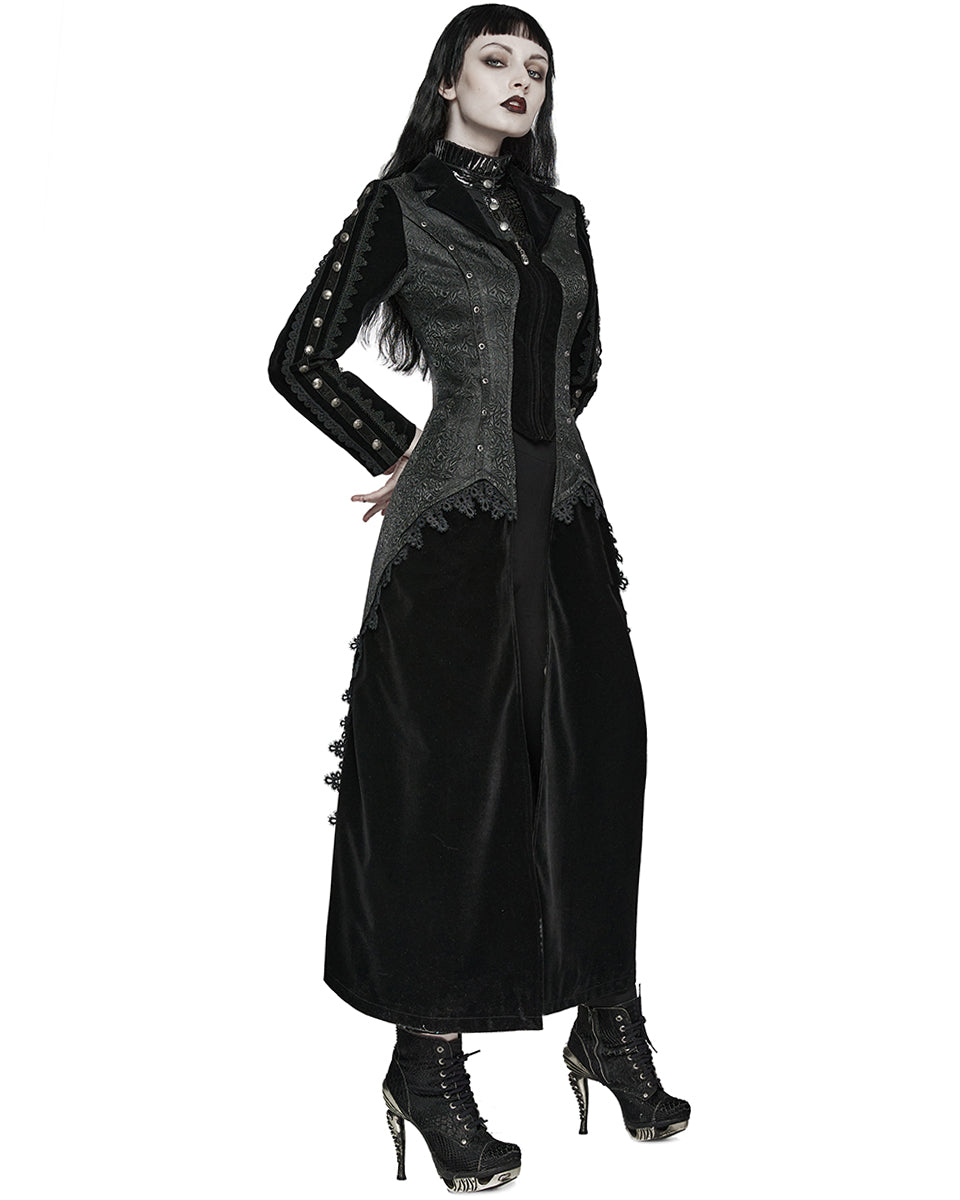 WY-1577XCF-BKF Womens Long Gothic Velvet & Jacquard Court Coat