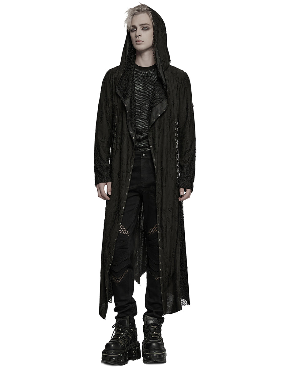 WY-1795XCM-BKM Mens Apocalyptic Gothic Broken Knit Hooded Piercing Cloak Jacket