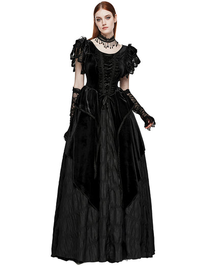 PR-WQ-633LQF-BKF Womens Dark Regency Gothic Velvet Wedding Dress & Lace Opera Gloves