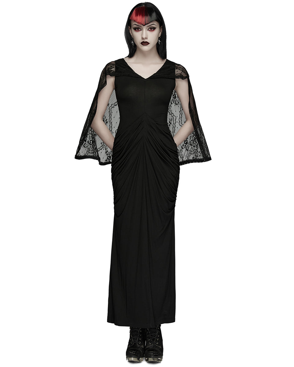 PR-WQ-940LQF-BKF Womens Long Gothic Lace Hooded Ruched Maxi Dress