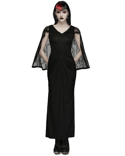 PR-WQ-940LQF-BKF Womens Long Gothic Lace Hooded Ruched Maxi Dress