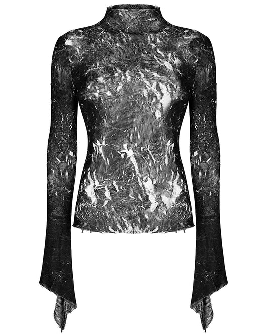 PR-T729-BKF Womens Apocalyptic Gothic Crimped Chiffon Top