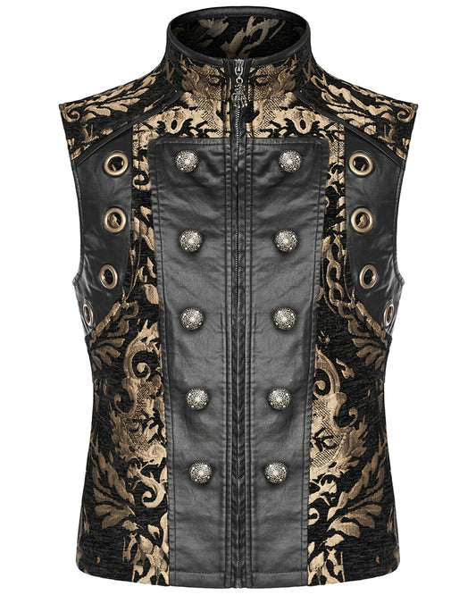 PR-Y1489-BKGDM Mens Regency Gothic Steampunk Tapestry Waistcoat Vest - Black & Gold