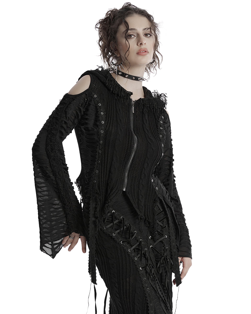 OM-089KMF Daily Life Apocalyptic Gothic Spliced Shredded Knit Hooded Cardigan Jacket