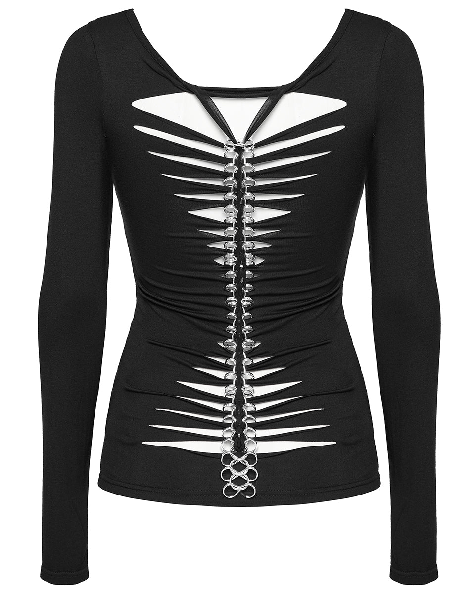 WT-945TCF Womens Gothic Skull Print Laser Cut Spinal Ring Lonf Sleeve Top