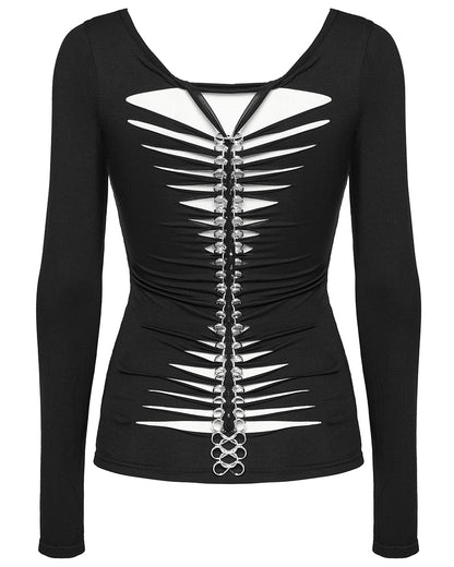 WT-945TCF Womens Gothic Skull Print Laser Cut Spinal Ring Lonf Sleeve Top