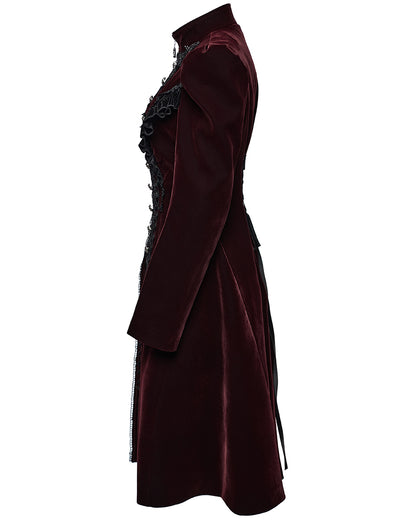 WY-1633XCF Womens Gothic Velvet Embellished Mid Length Military Coat - Red