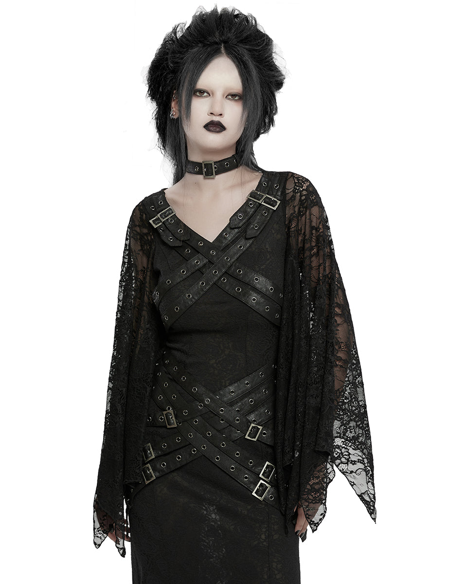 WQ-746LQF Womens Gothic Lace Batwing Caped Maxi Dress