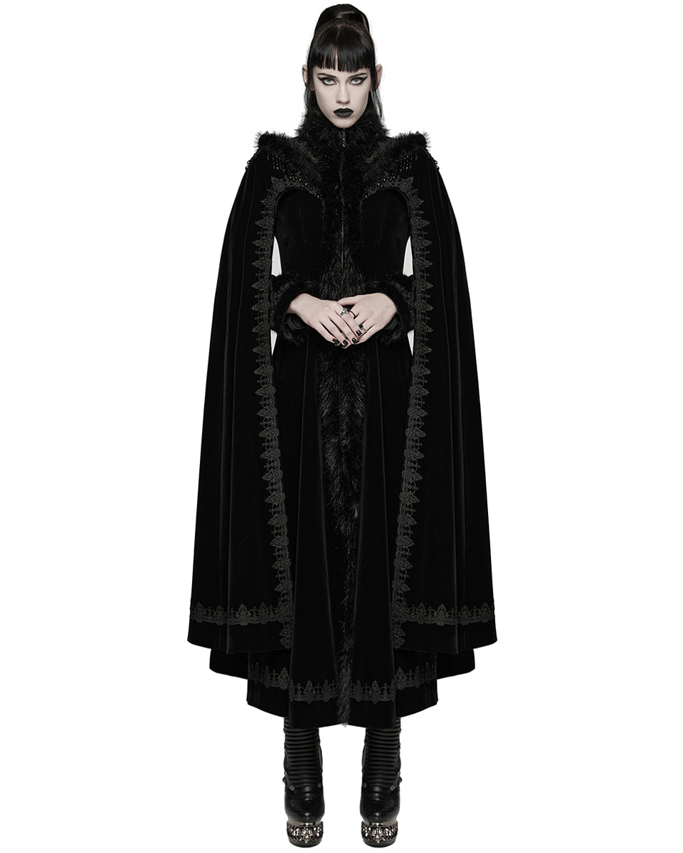 WY-1811DPF Womens Long Elegant Gothic Velvet & Faux Fur Beaded Cloak Coat