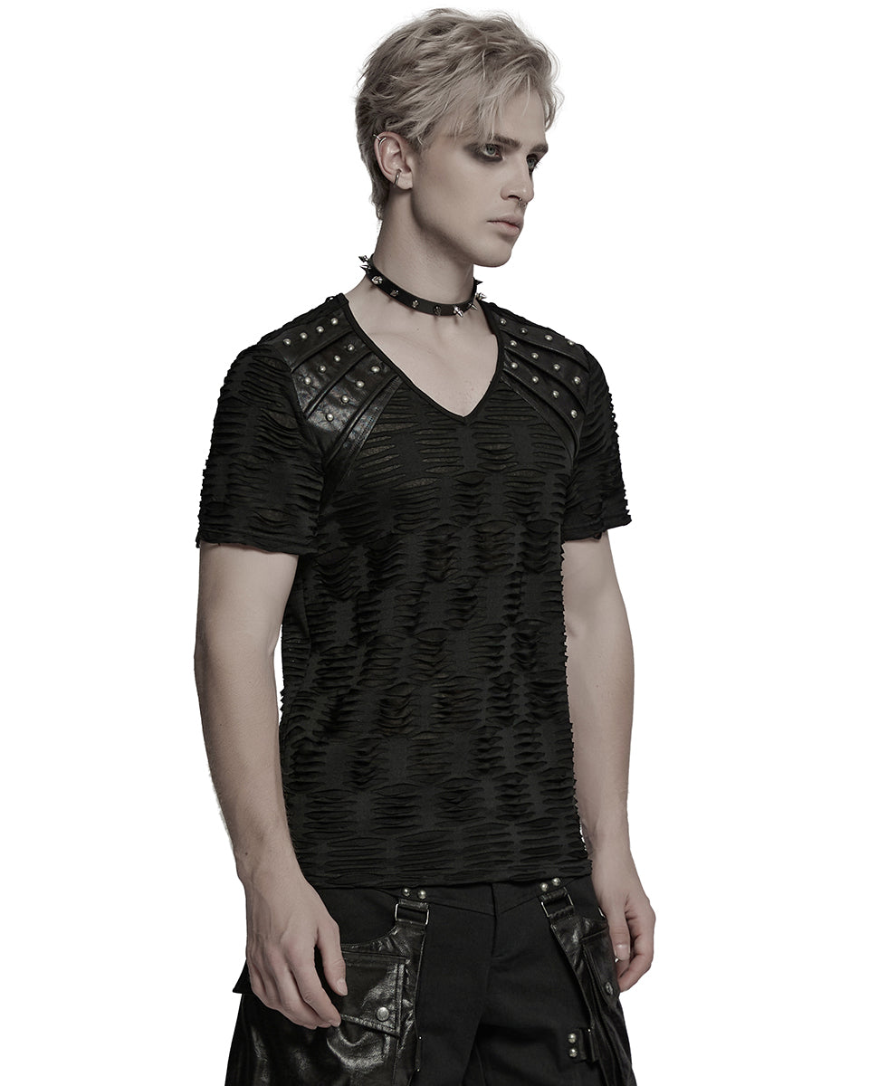WT-1011TDM-BKM Mens Apocalyptic Gothic Shredded & Studded Broken Knit T Shirt Top
