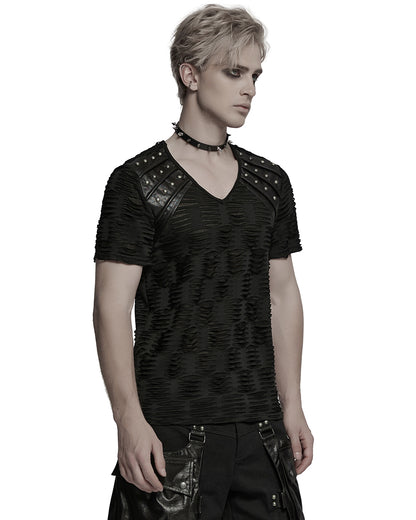 WT-1011TDM-BKM Mens Apocalyptic Gothic Shredded & Studded Broken Knit T Shirt Top