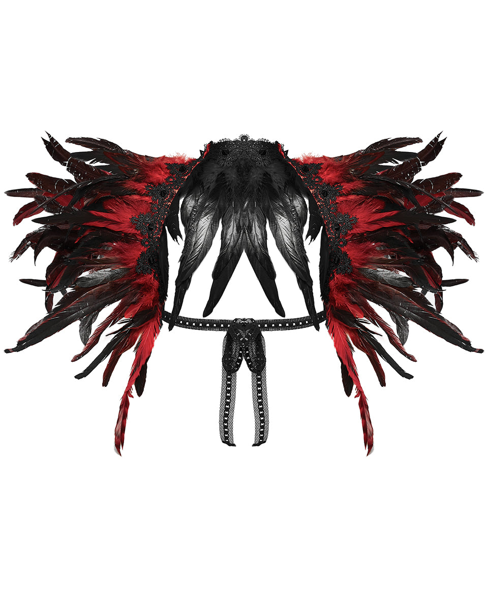 PR-WS-551DQF-BKRDF Womens Burlesque Gothic Vixen Feathered Harness - Black & Red