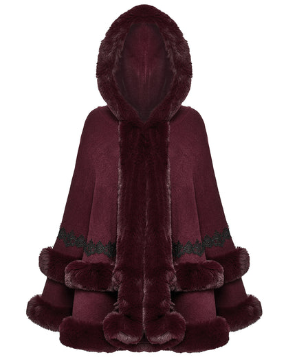 OM-092HMF Daily Life Womens Plush & Faux Fur Hooded Winter Cloak - Red