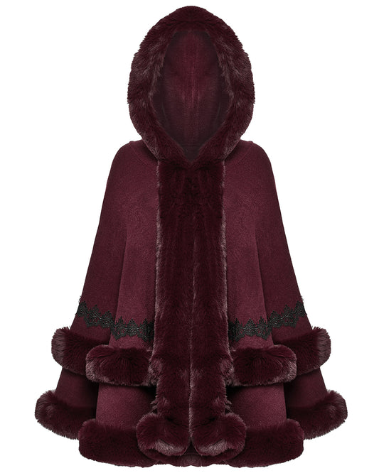 OM-092HMF Daily Life Womens Plush & Faux Fur Hooded Winter Cloak - Red
