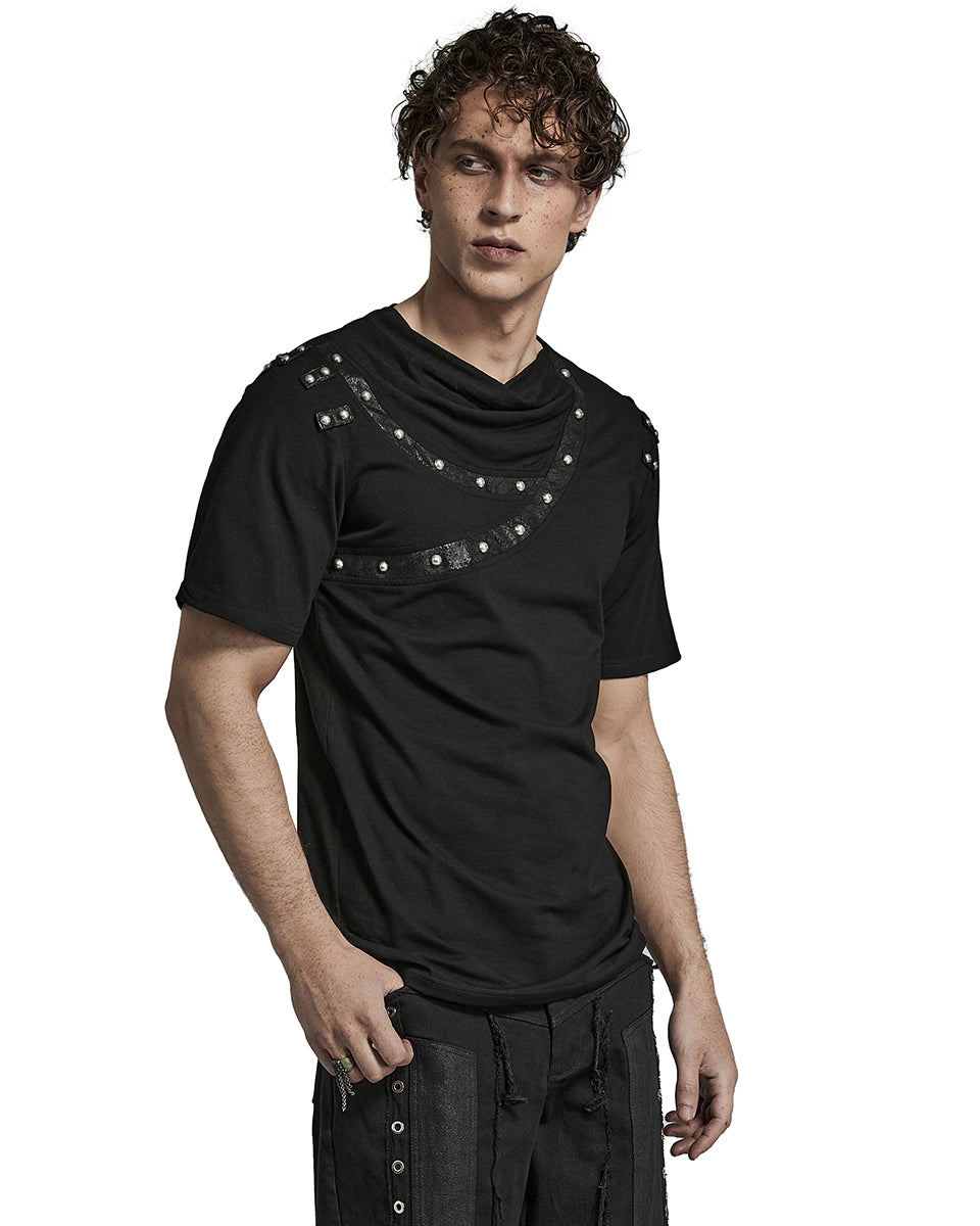 PR-T792-BKM Mens Avant Garde Gothic Studded Drop Collar T Shirt Top