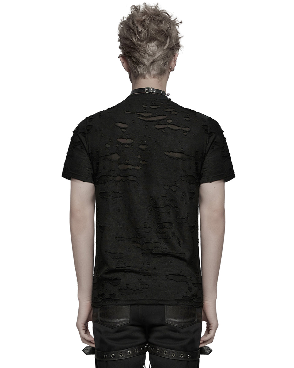 WT-1005TDM-BKM Mens Apocalyptic Gothic Shredded Fishnet Inset T Shirt Top