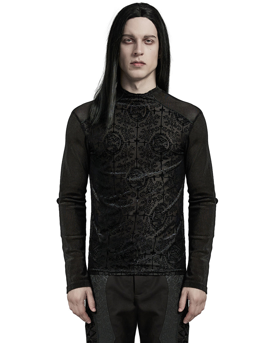 WT-907TCM-BKM Mens Gothic Skull Cameo Mesh Long Sleeve Tee