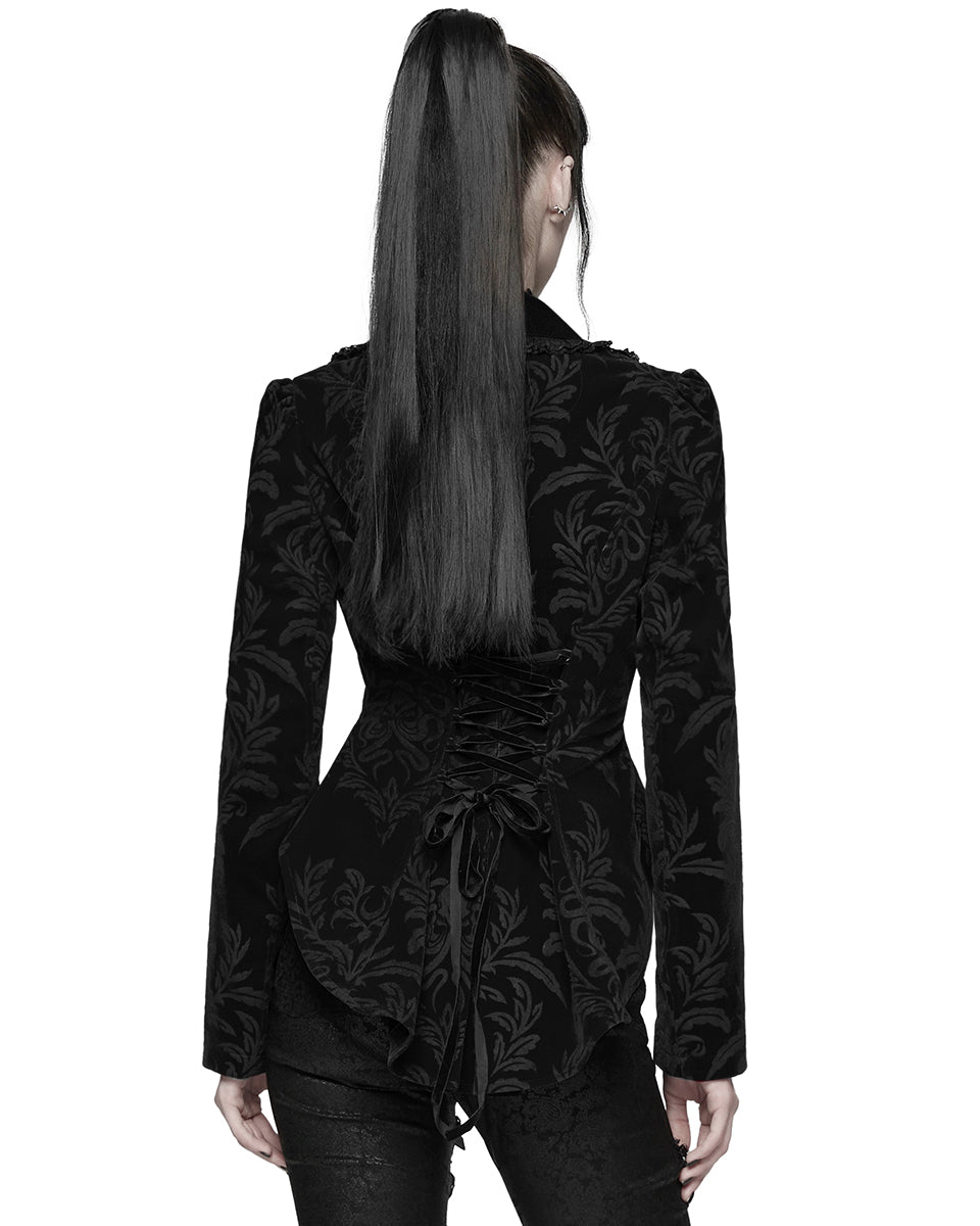 WY-1833LDF Womens Gothic Aristocrat Damask Velvet Frock Coat Jacket - Black