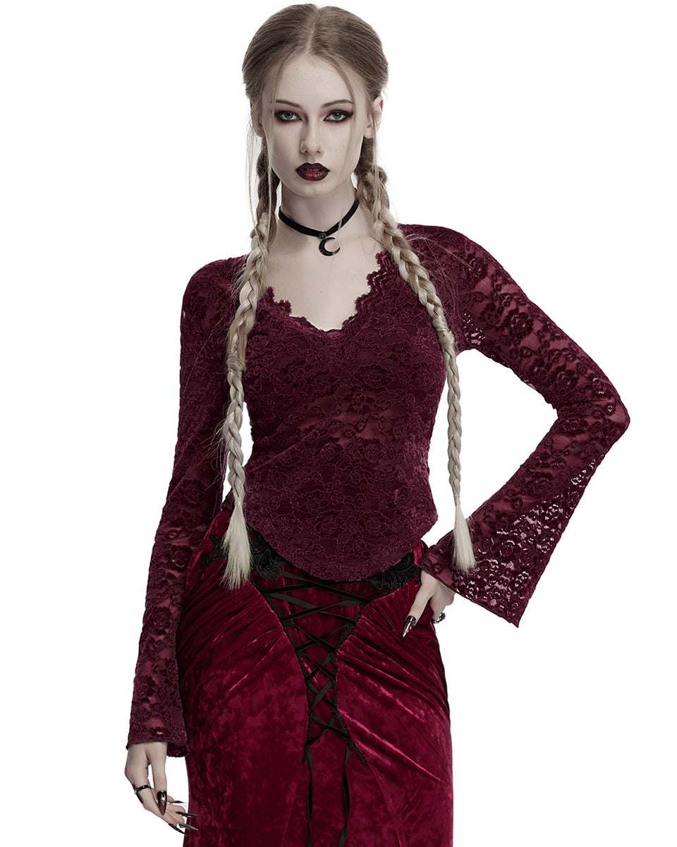 OT-1014TCF-RDF Womens Elegant Floral Lace V-Neck Top - Red