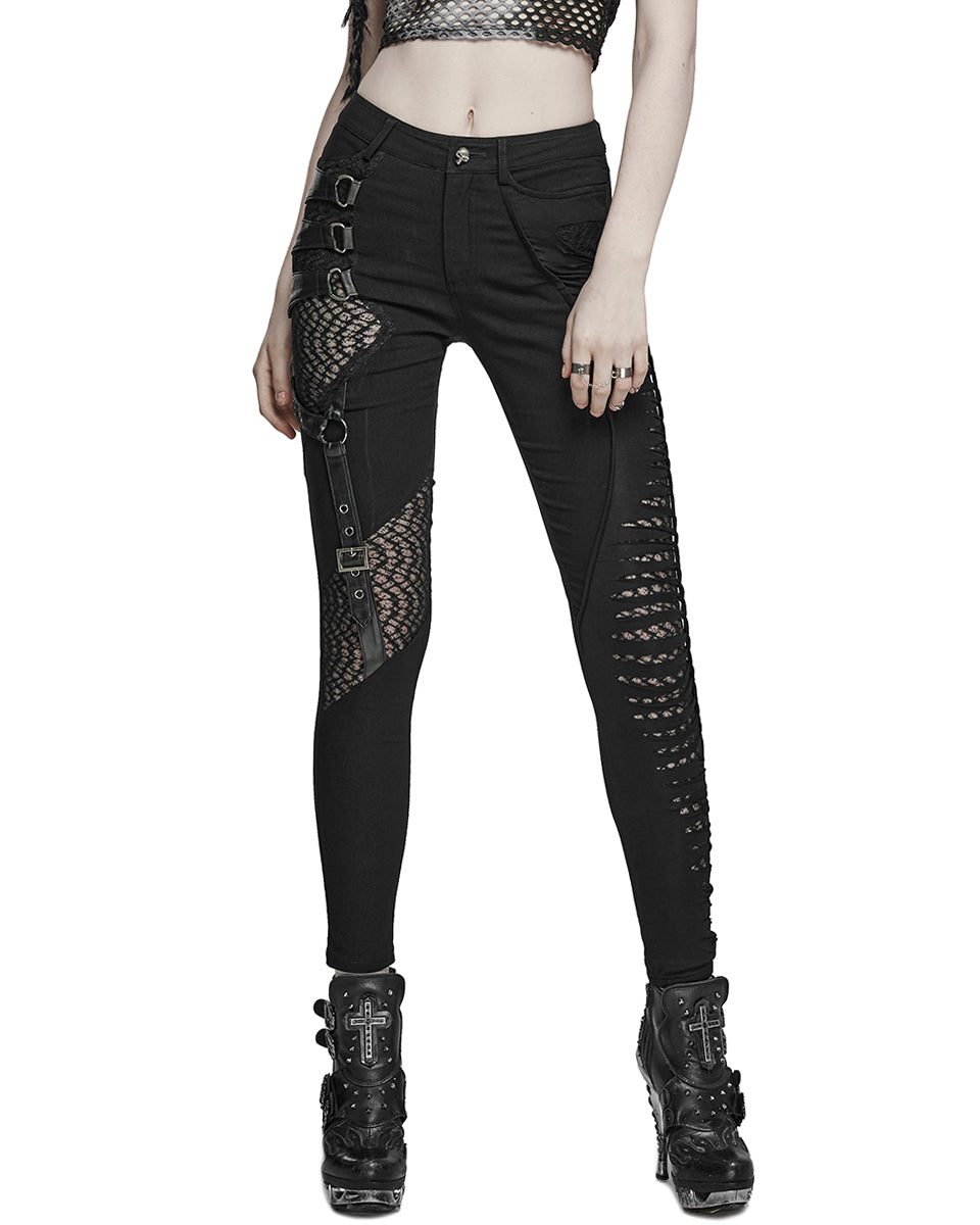 WK-603XCF Womens Gothic Punk Asymmetric Twisted Mesh Skinny Jeans