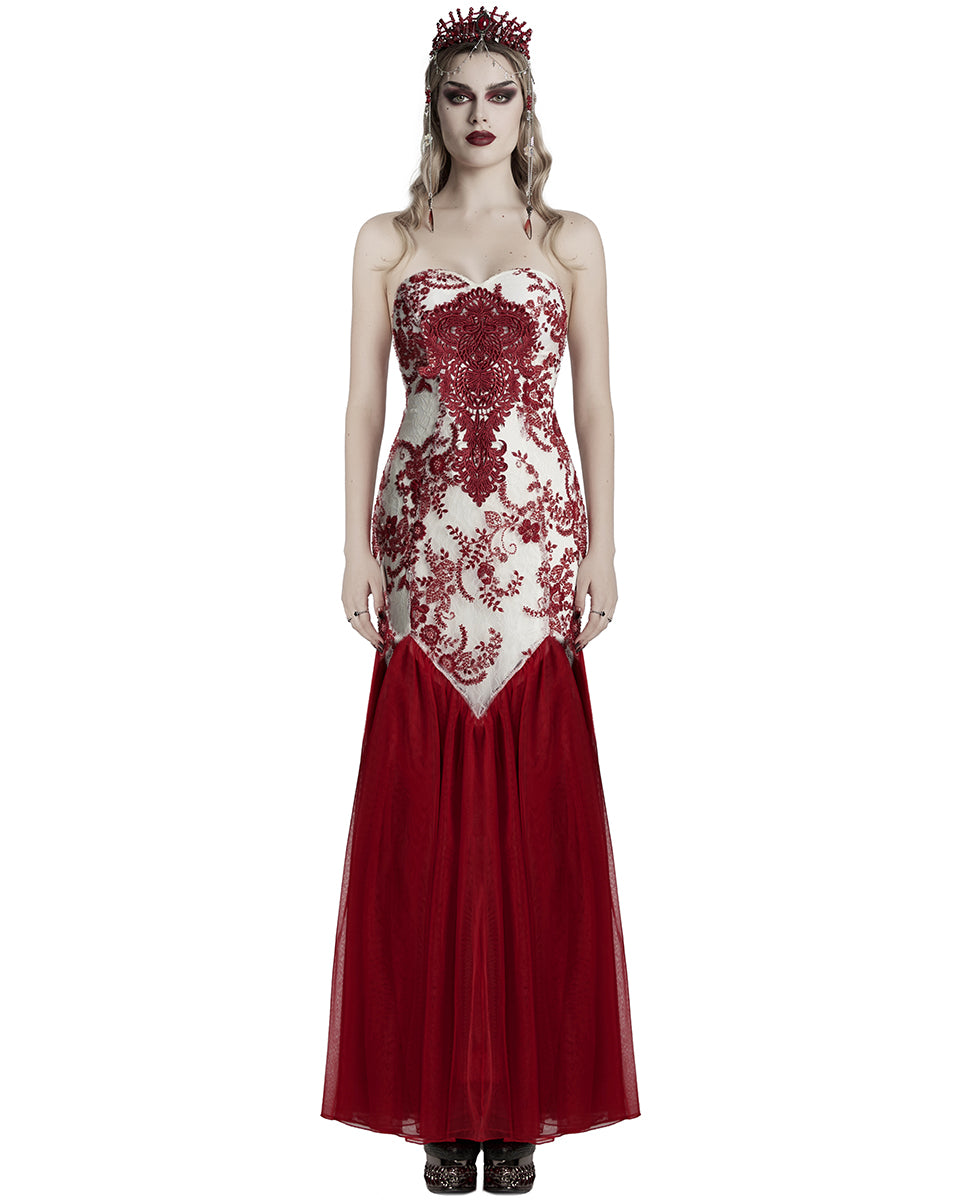 WQ-859DQF-WHRDF Womens Long Gothic Floral Sequined Wedding Prom Dress - White & Red