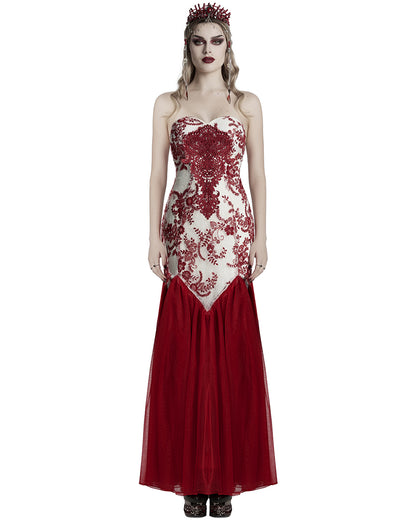 WQ-859DQF-WHRDF Womens Long Gothic Floral Sequined Wedding Prom Dress - White & Red