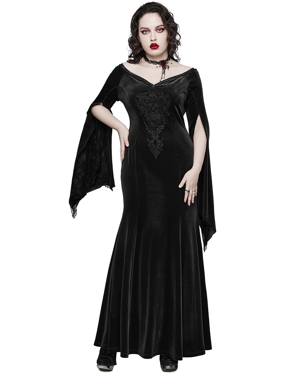 PR-DQ-641LQF-BKF Classic Gothic Off Shoulder Maxi Dress - Extended Size Range - Black Velvet