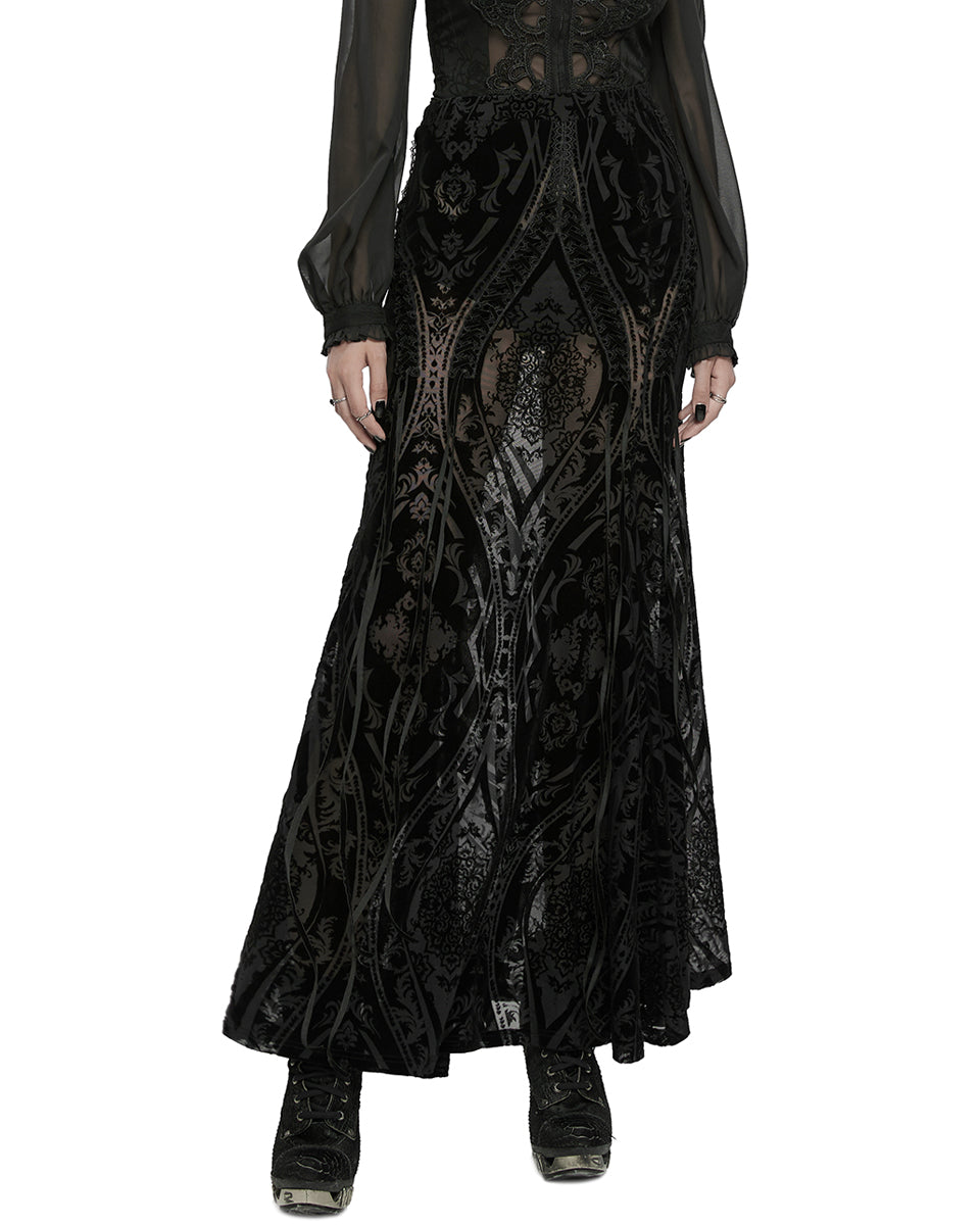 WQ-769BQF Womens Long Gothic Damask Flocked Mesh Fiashtail Maxi Skirt