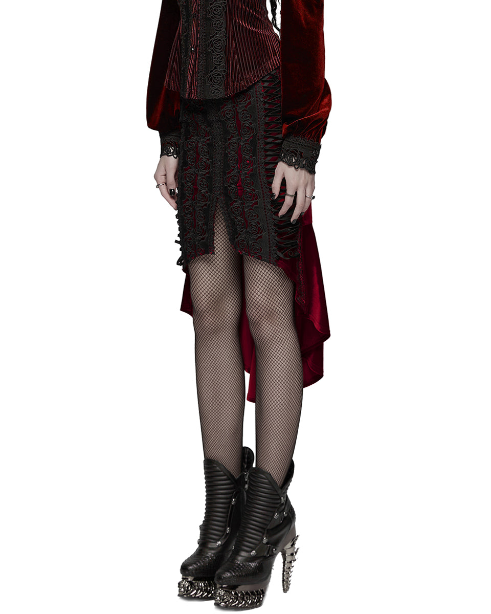 WQ-876BQF Womens Baroque Gothic Rose Embroidered Velvet Fishtail Skirt - Red & Black