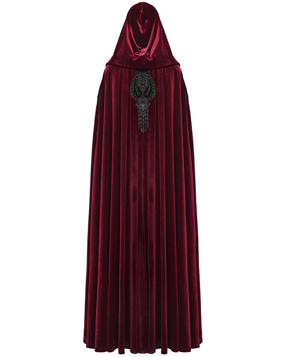 WY-1824DPF Womens Long Gothic Velvet & Lace Applique Hooded Cloak - Red & Black