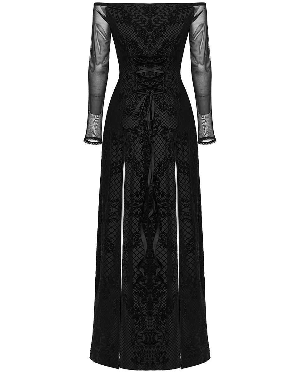 PR-WQ-651LQF-BKF Womens Gothic Flocked Velvet Damask Off-Shoulder Maxi Dress