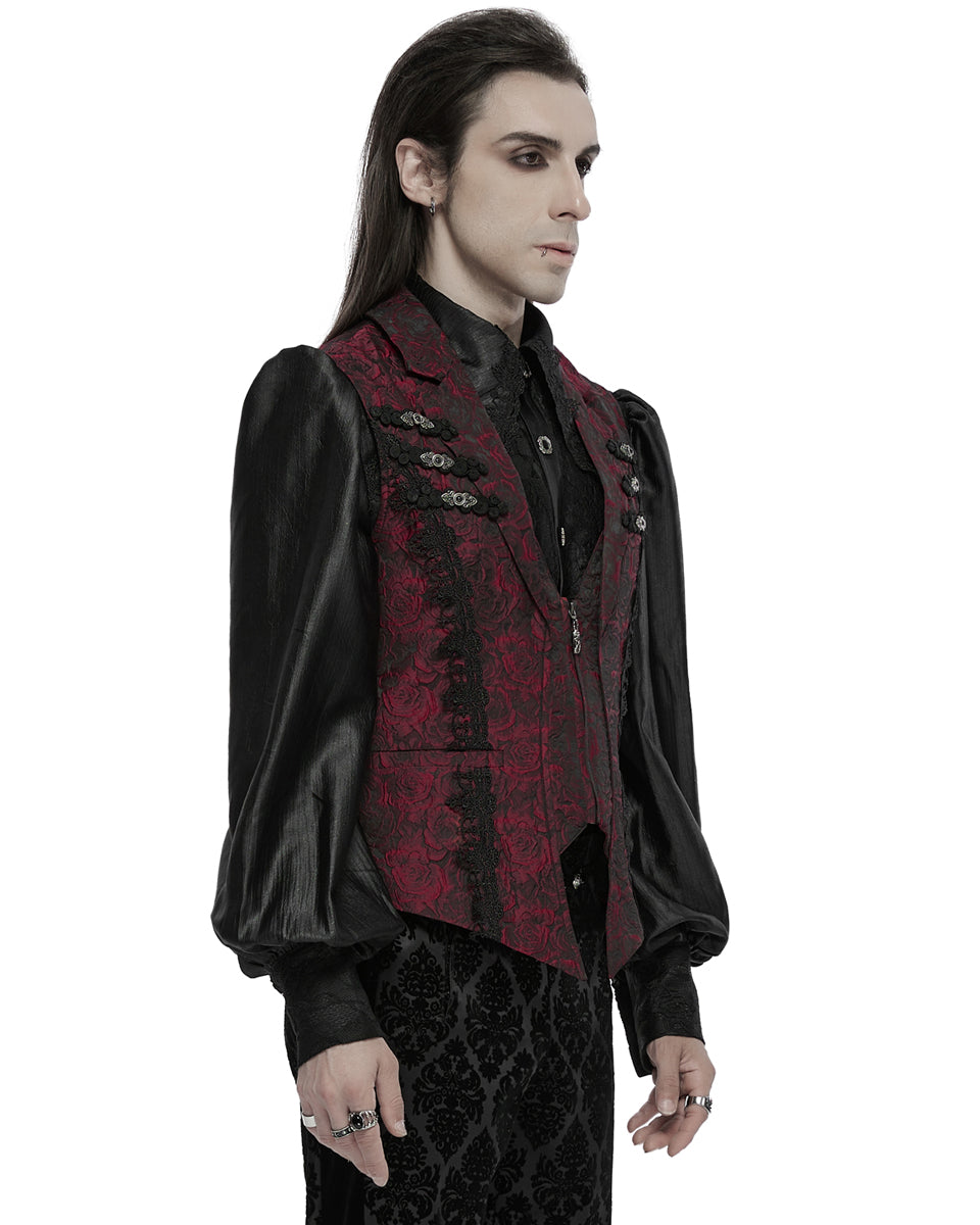 WY-1677MJM-RDM Mens Gothic Jacquard Rose Lace Applique Waistcoat Vest - Red